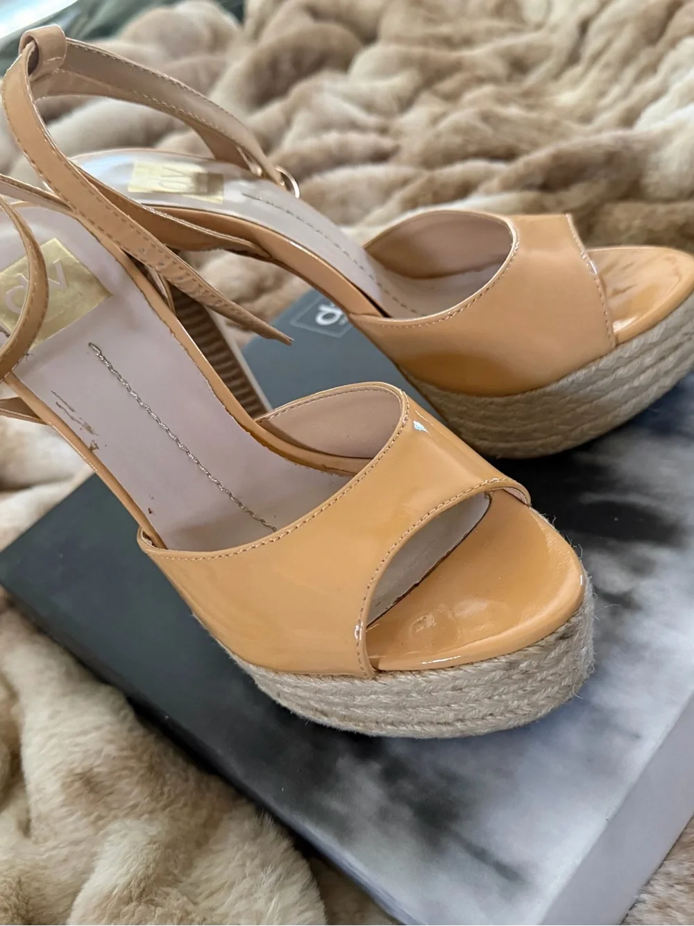 Dolce Vita Patent Tan Platform Sandals with Ankle Strap